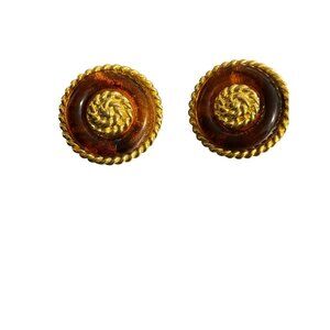 Vintage Gold Tone Amber Colored Acrylic Clip On Earrings Rope Twist 1.5" Estate